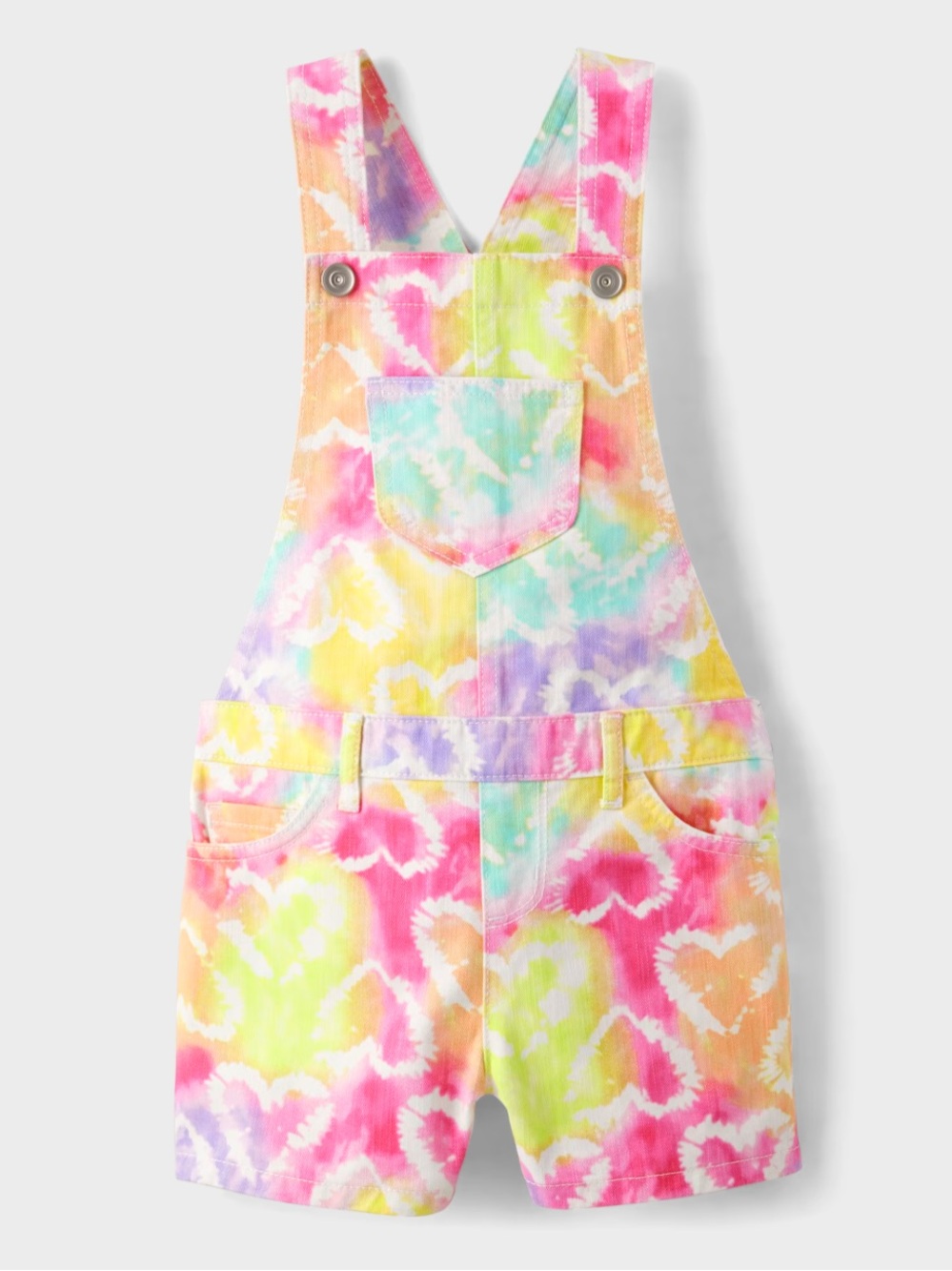 Place Tie-Dye Heart Short Overalls - Pink, Yellow, Green, Blue, Purple